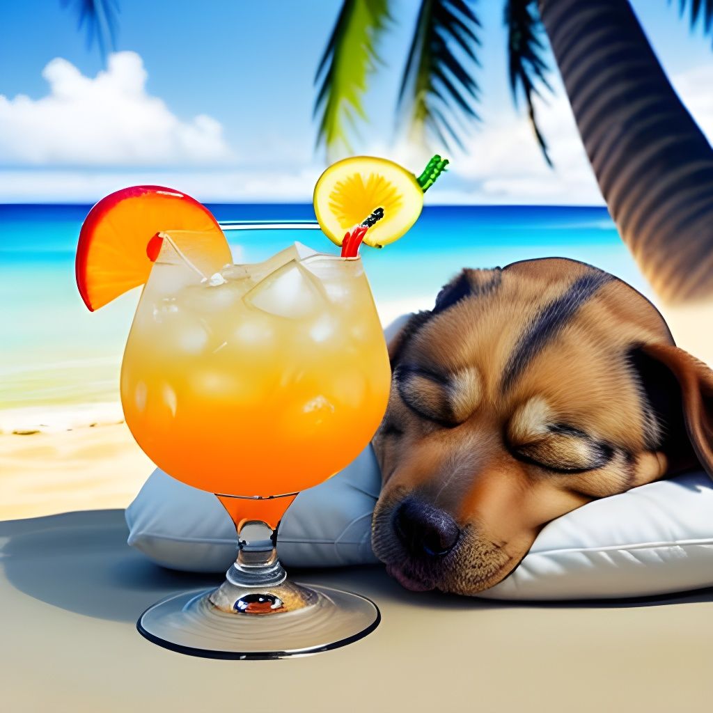 Dog Dreams of Cocktails on Tropical Beach