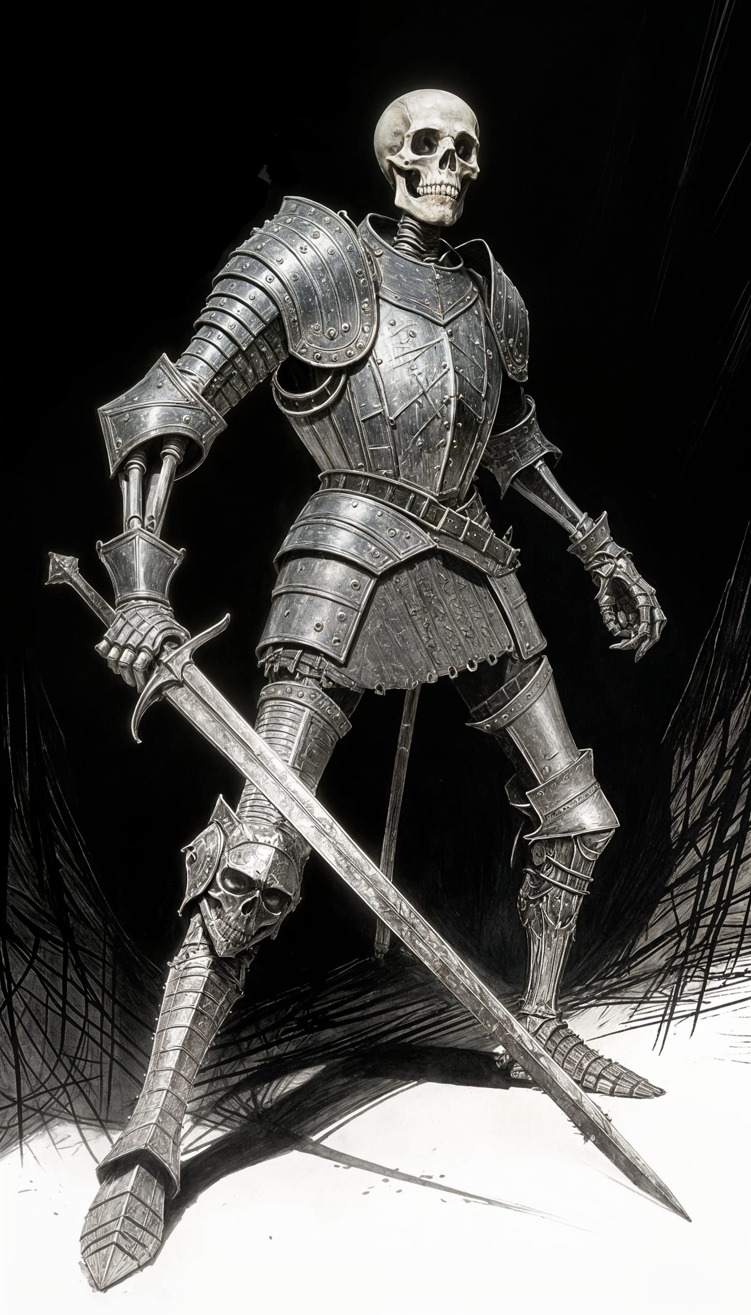 Skeleton Knight in Chiaroscuro Ink and Watercolour