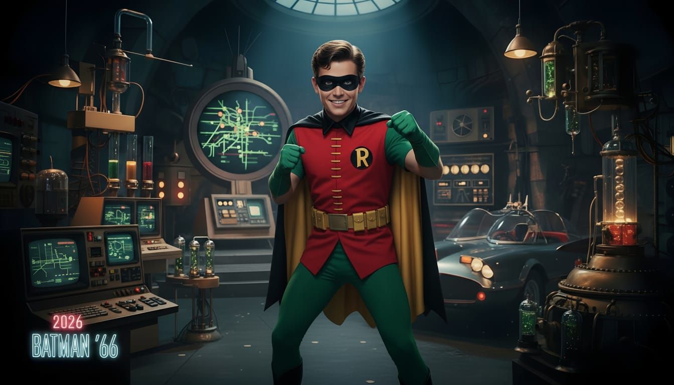 Robin in Fighting Stance in Retro Futuristic Batcave
