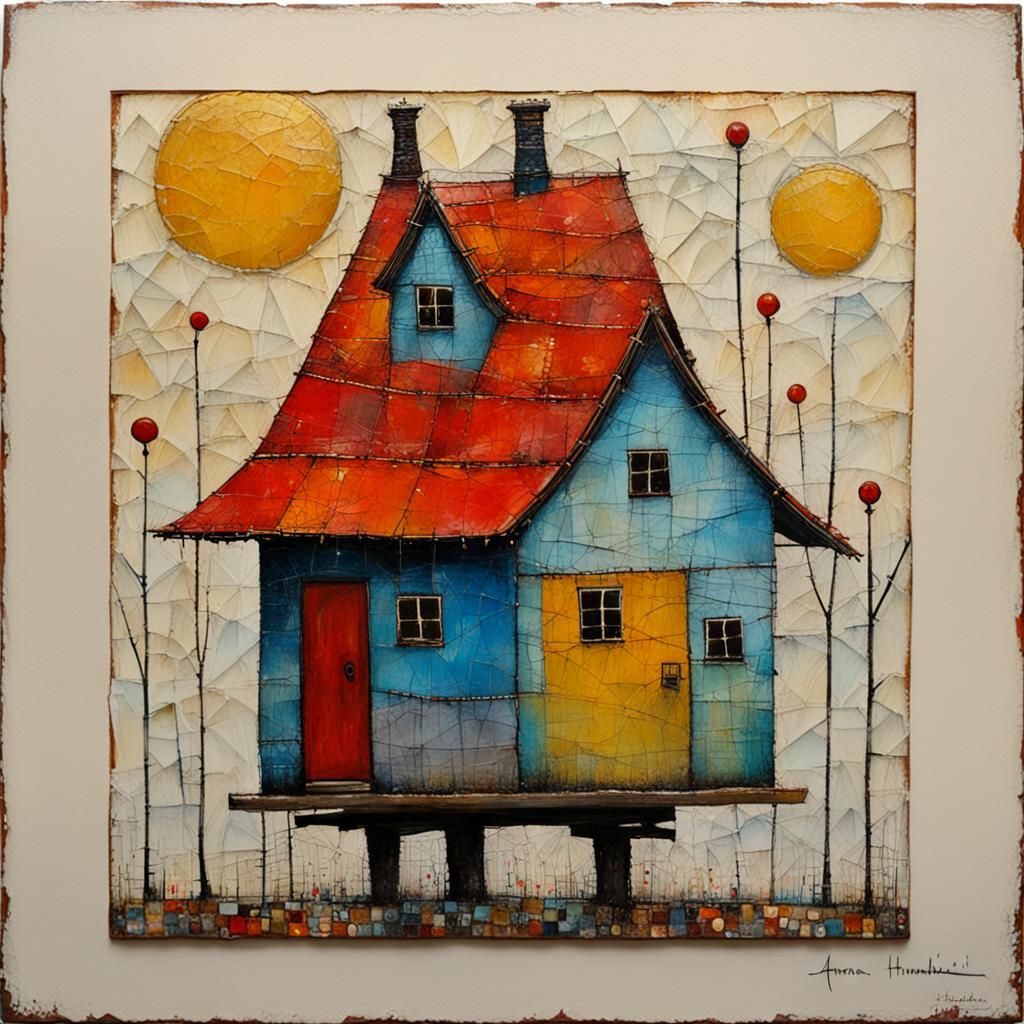 Textured Encaustic Painting in Naive Primitive Style