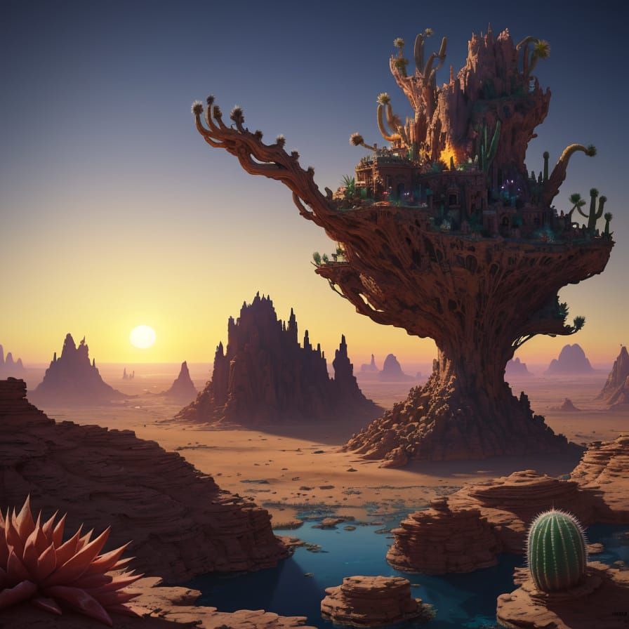 The extreme clarity of the desert sunset is equaled by the extreme presence of an aquarium nestled within a cactus.