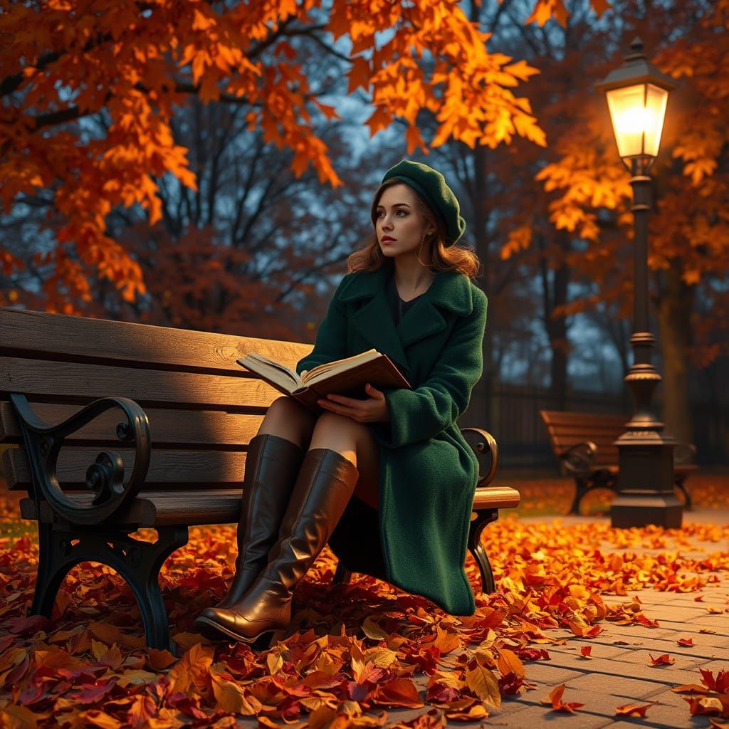 A Contemplative Woman in Autumn Splendor, in Oil Painting St...