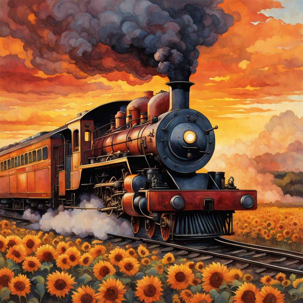 Watercolor Steam Train in Sunflower Field at Sunset