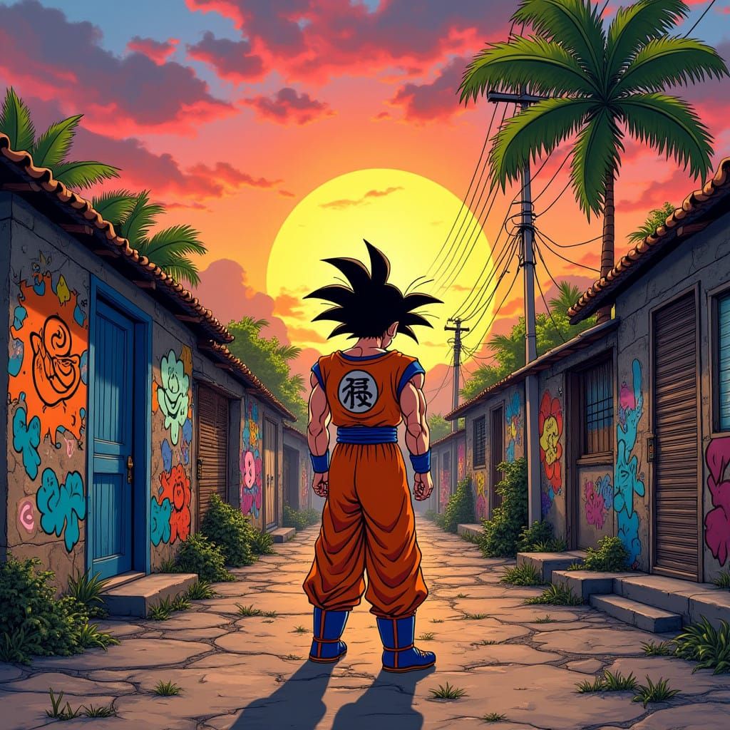 Goku Amidst Vibrant Brazilian Favela in Street Art Style