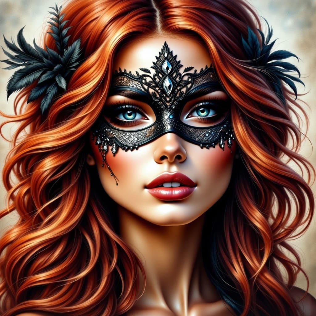 Elegant Woman with Red Hair and Lace Mask