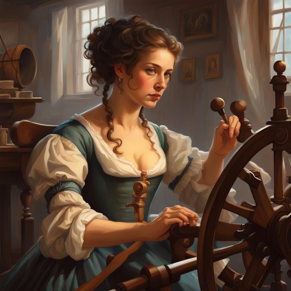 Colonial Woman Spinning Wool Portrait, Hyperdetailed Art