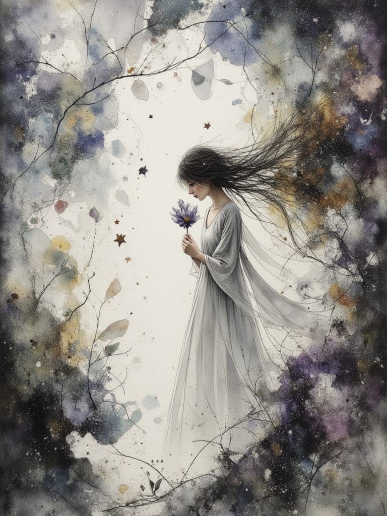 Woman with Wilted Flower in Dreamlike Ink Wash
