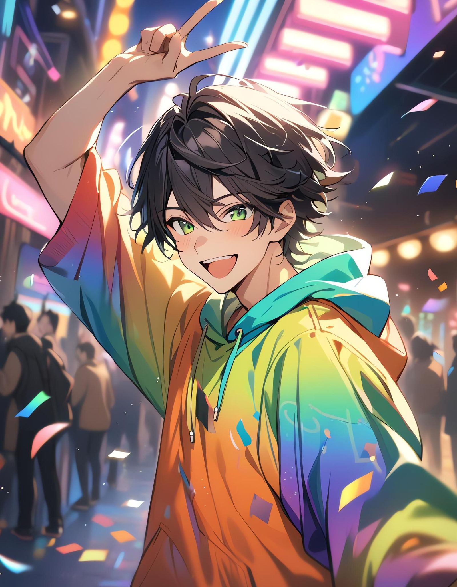 Happy Smiling Boy in Rainbow Hoodie with Confetti