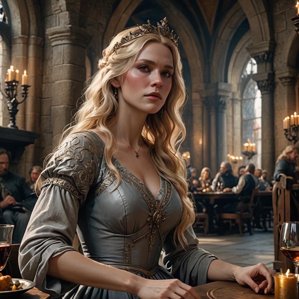 Blonde Woman in Castle Dining Hall: Dark Fantasy Art