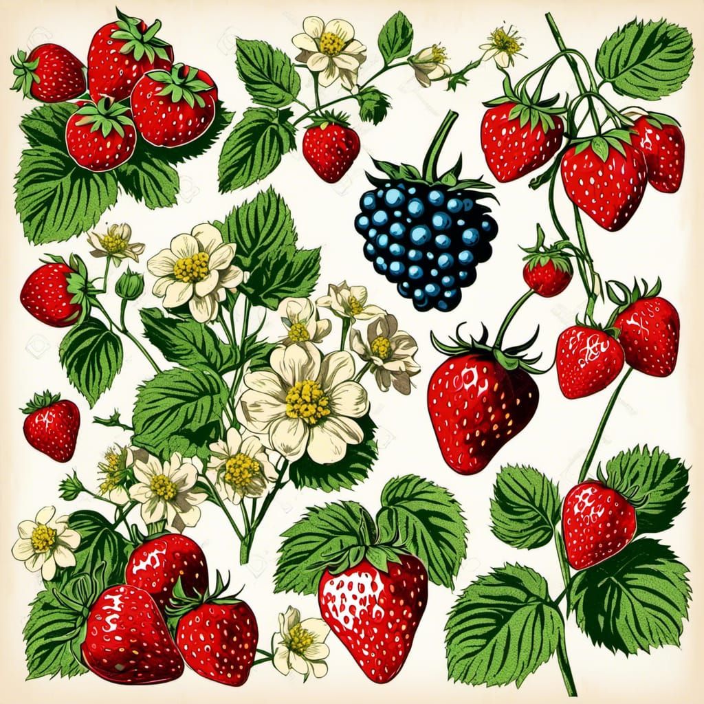 Vintage Strawberry Floral Clipart Illustration