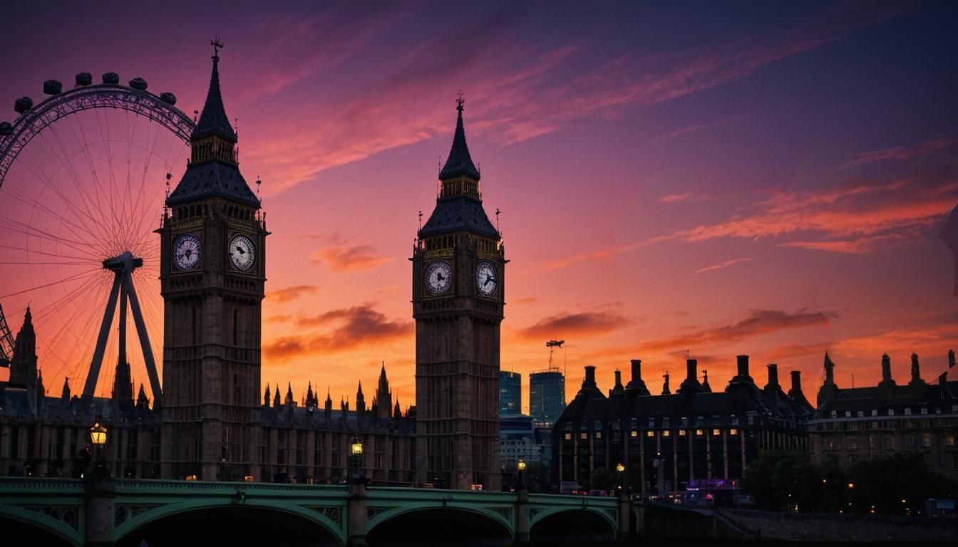 London Landmarks Silhouettes with Neon Signs