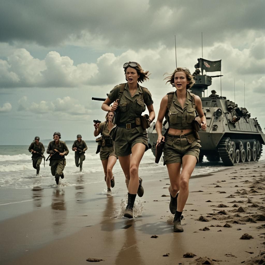 Female Soldiers Escape Robots on Omaha Beach