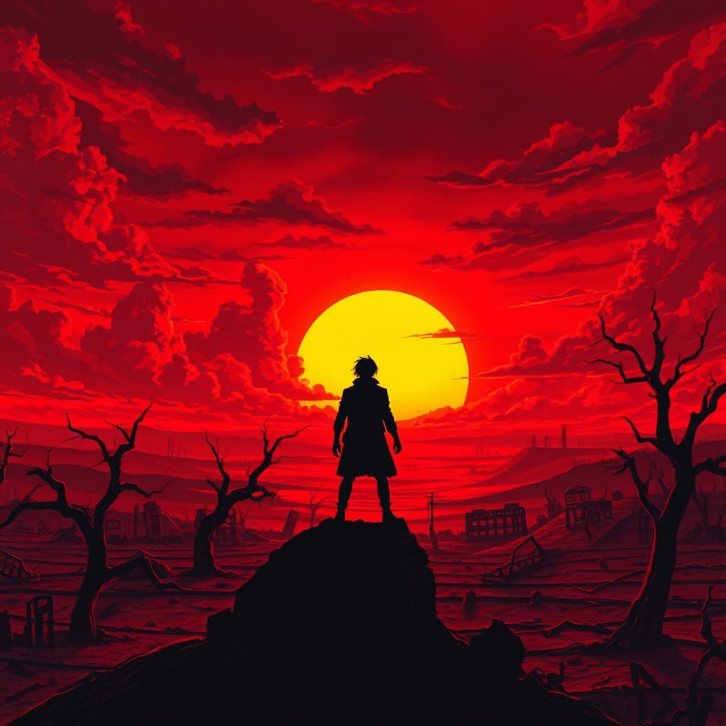 Apocalyptic Wasteland Sunset in Anime Style