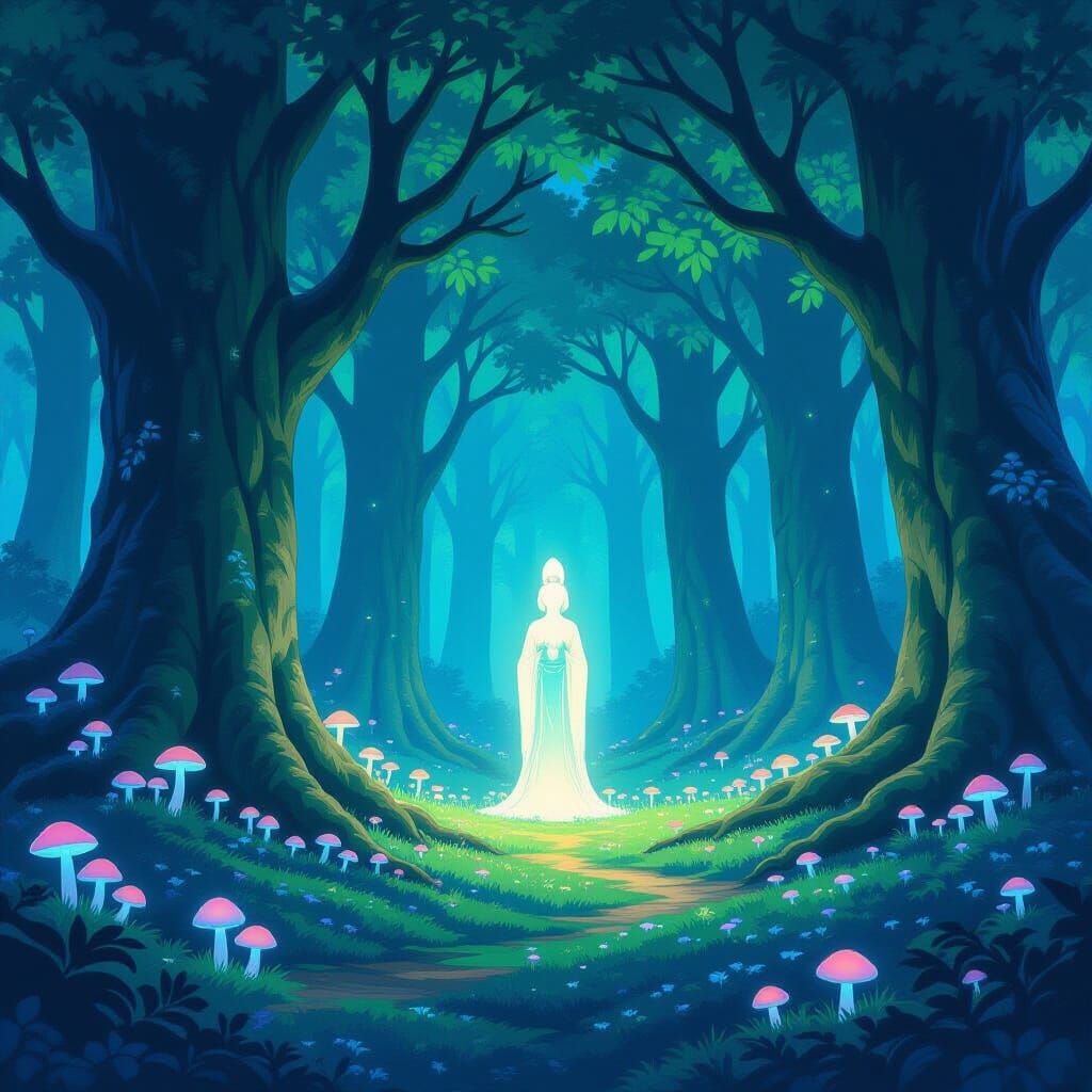 Dreamlike Forest Clearing with Glowing Flora and Spirit Stat...