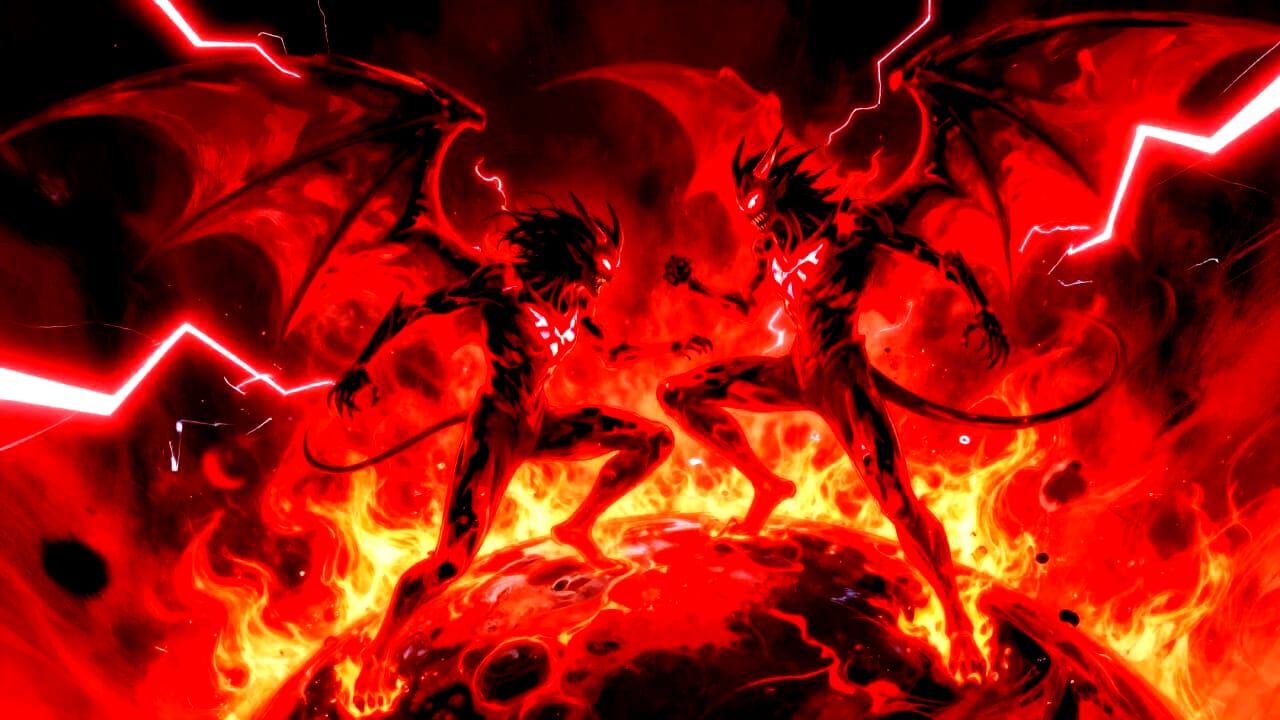 Crimson Demons in Combat Above Fiery Planet