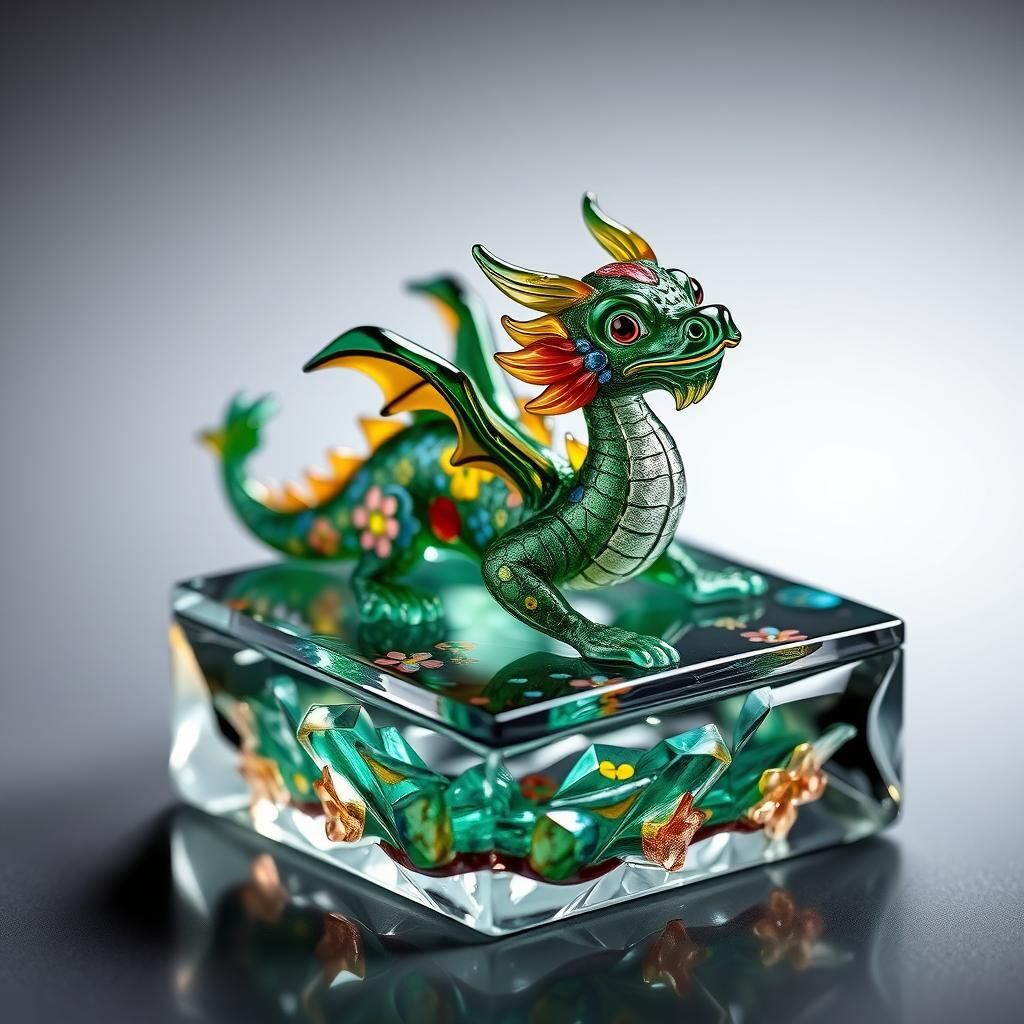 Miniature Glass Dragon Sculpture with Enamel Patterns