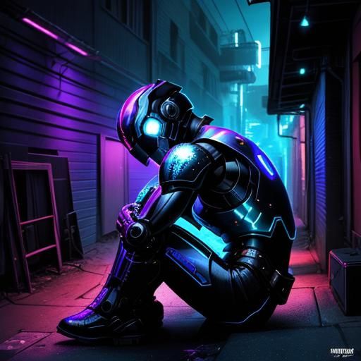 Broken Robot Boy in Alleyway: Digital Comic Art