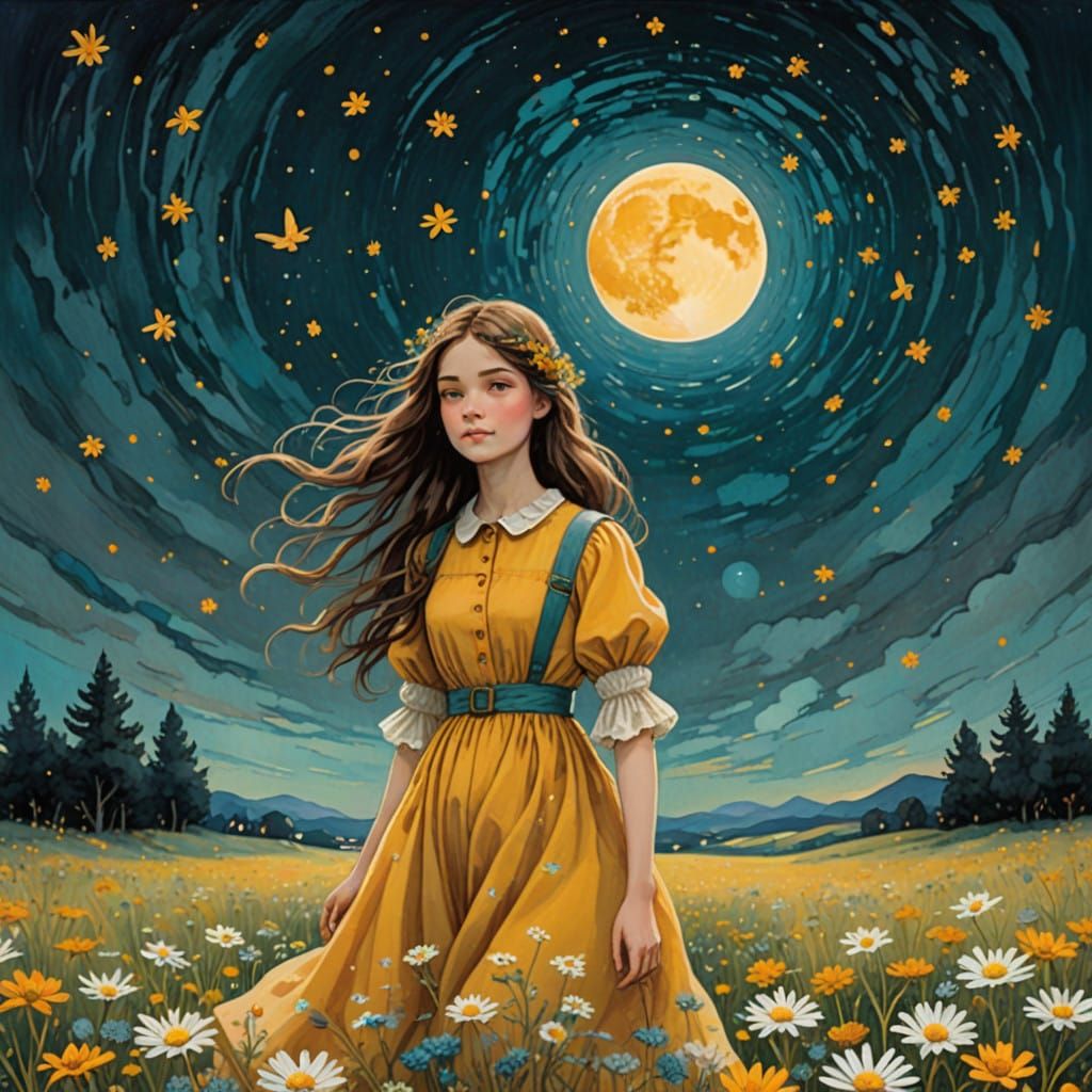 Dreamy Girl in Golden Daisies Under Full Moon