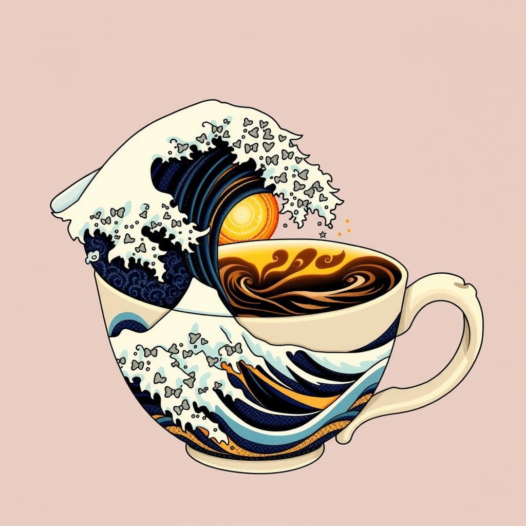 Swirling Coffee Wave in Delicate Ceramic Mug, Japanese Ink S...