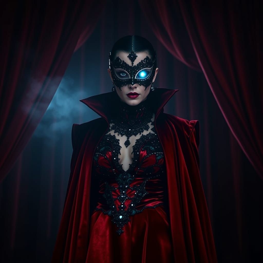 Glamorous Velvet Villain on Stage in Ethereal Light