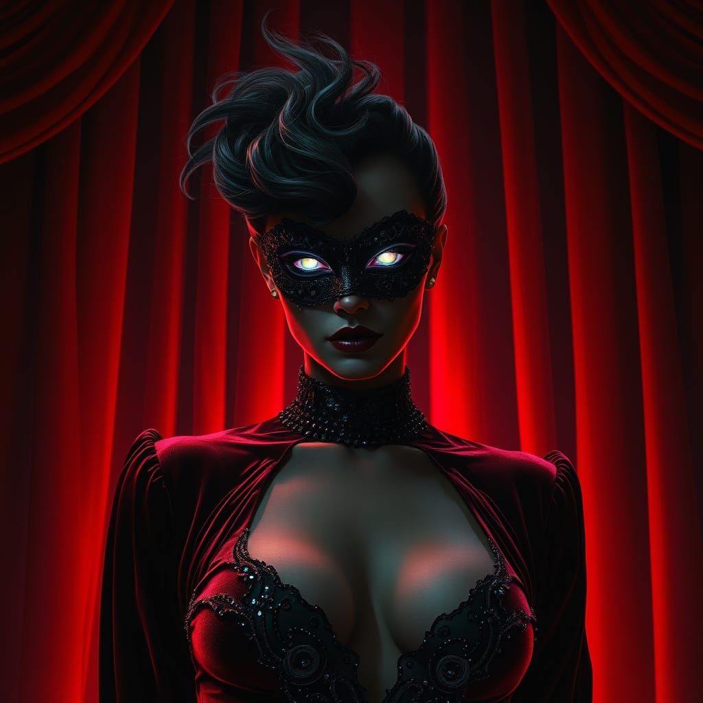Glamorous Masked Villain on Stage in Neon Cabaret