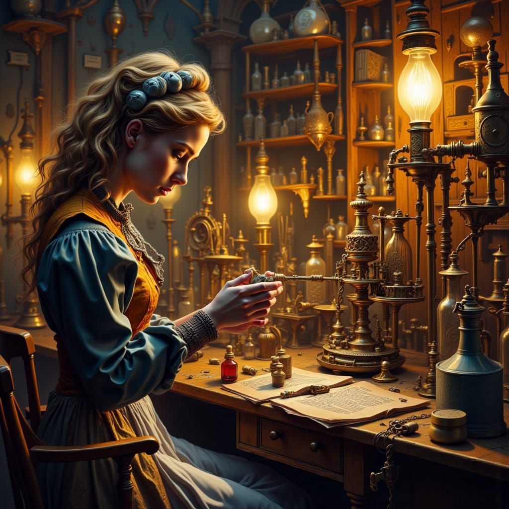 Victorian Alice, Steampunk Inventor, with Brass Automaton