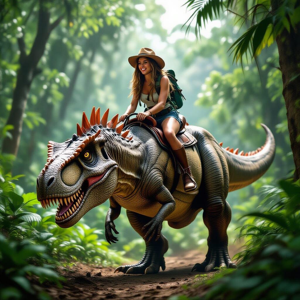 Woman Rides Injured T-Rex Through Jungle