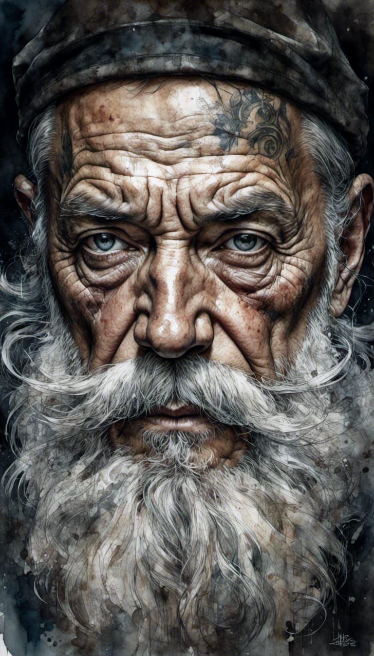 Vintage Watercolor of Bearded Old Man