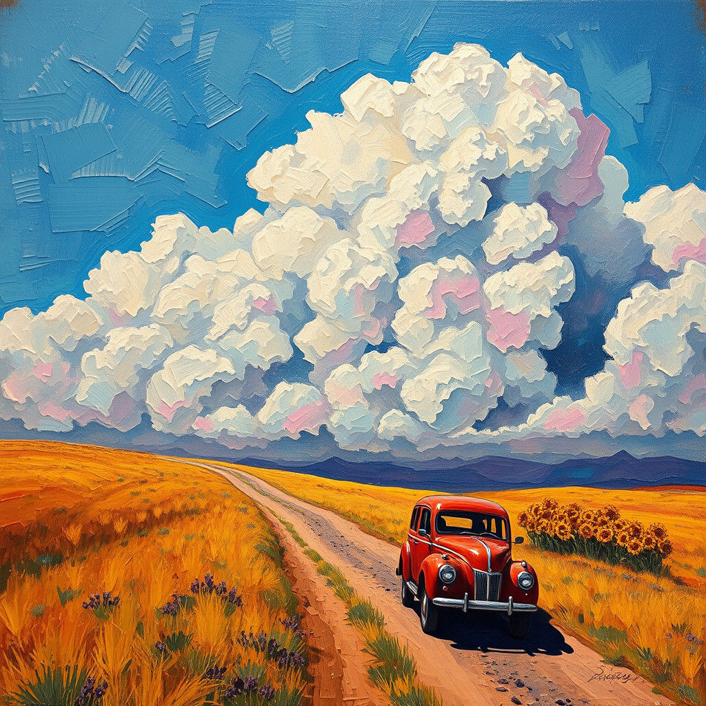 Surreal Impasto Clouds Obscure a Vivid Landscape