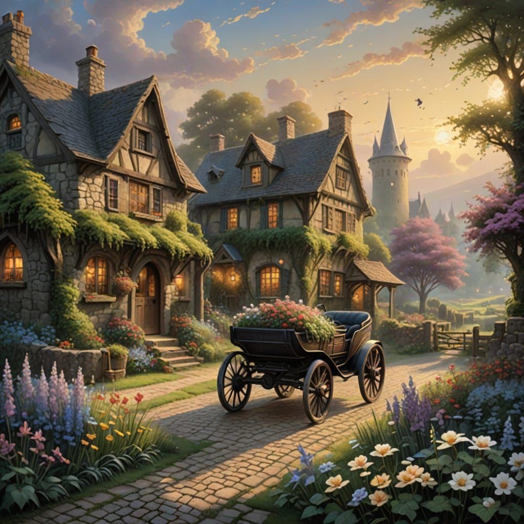 Fairytale Medieval Farmhouse with Blooming Flowers and Gentl...