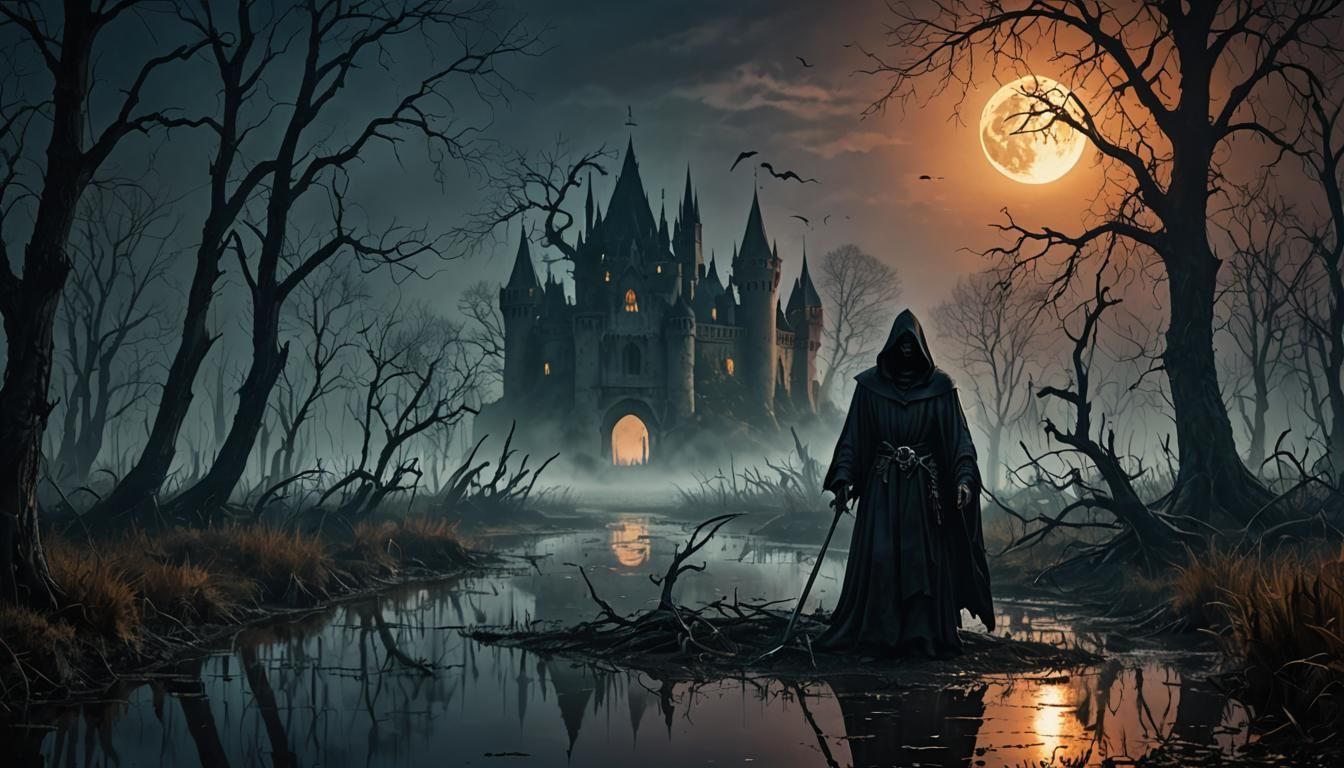 Grim Reaper on Swamp Road: Dark Fantasy Illustration