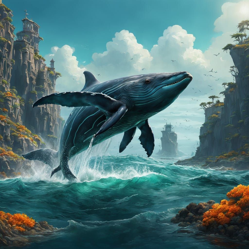 Emerald Sea Guardian: Majestic Whale in Dreamlike Coastal La...