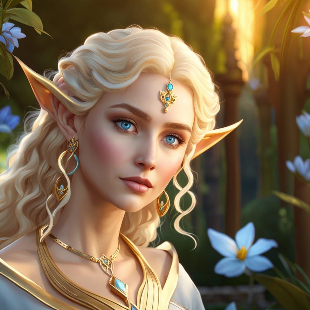Blond Elf in Sunset Garden: Detailed Digital Art