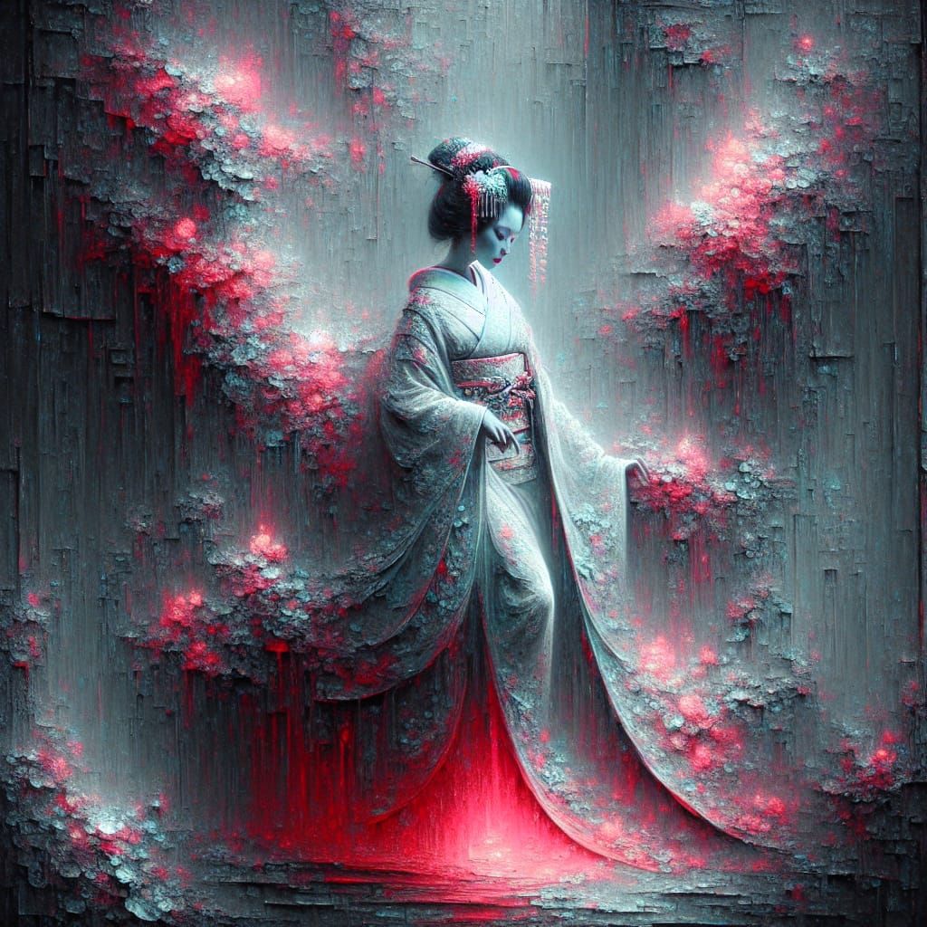 Elegant Geisha Radiates in Pastel-Red Neon, Ancient Japanese...