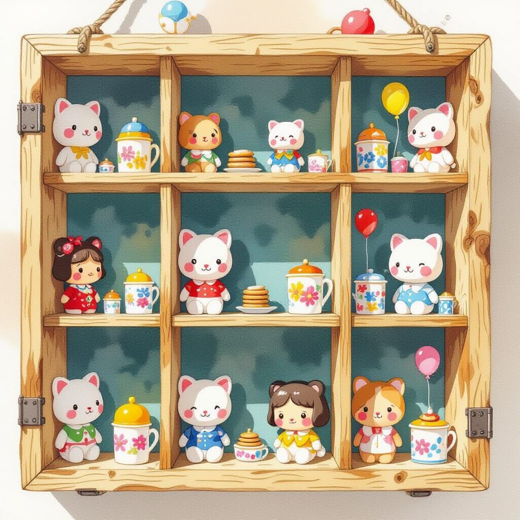 Vintage Trinkets Collection Shelf in Chibi Style
