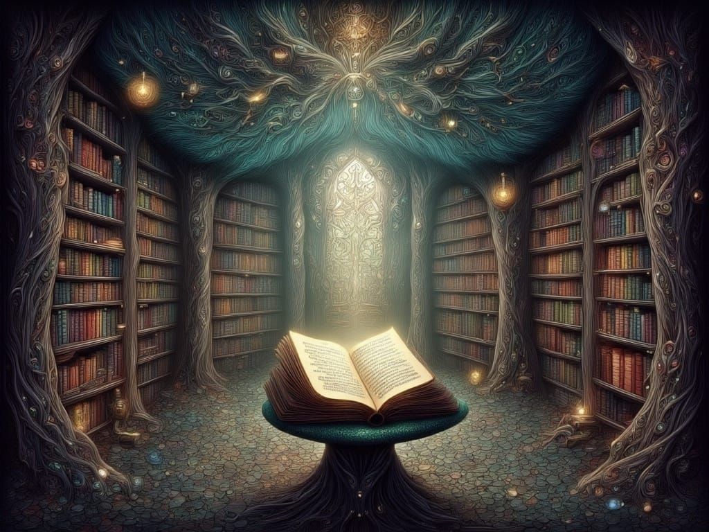 Ancient Mushroom Library with Ethereal Glowing Book