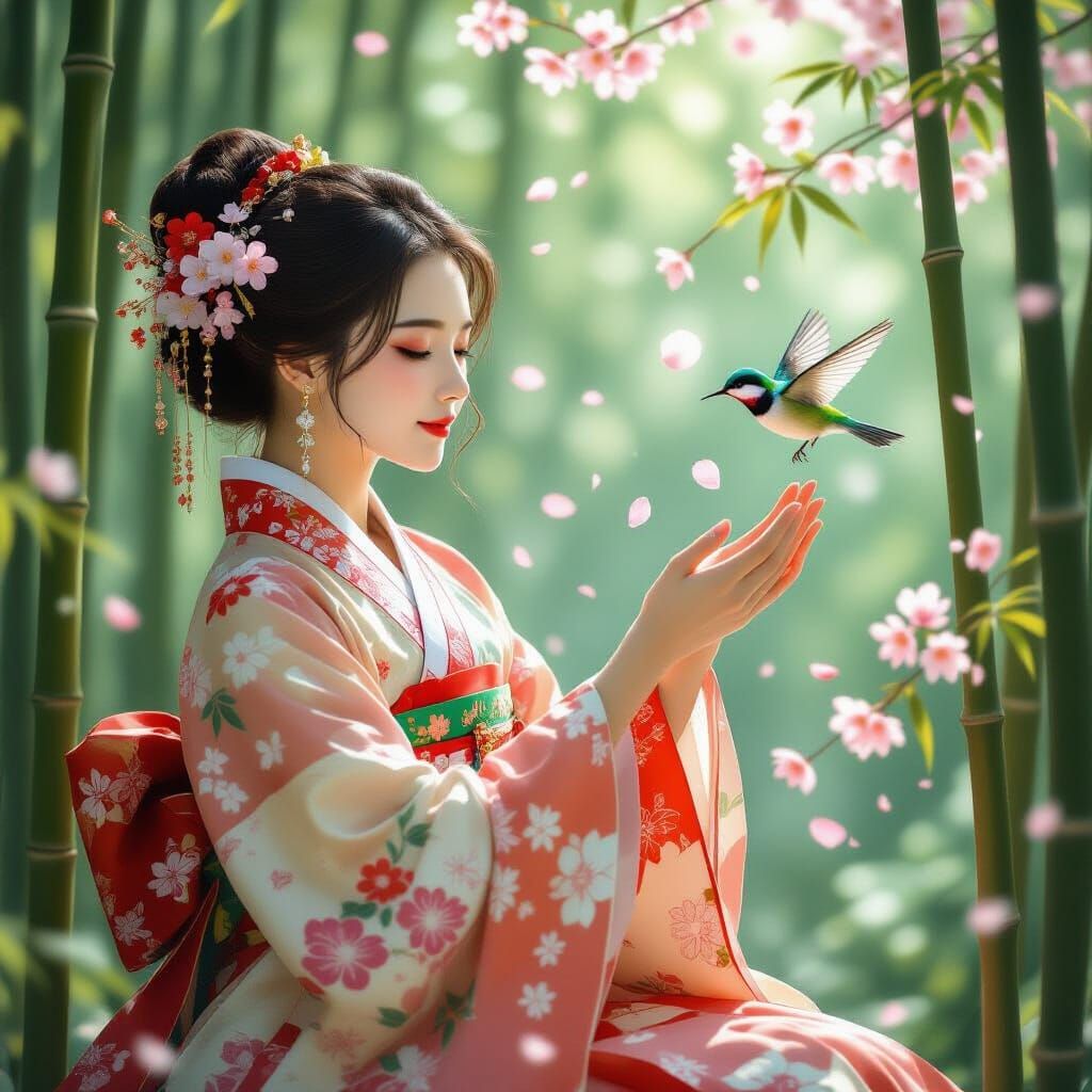 Korean Woman in Bamboo Forest with Cherry Blossoms