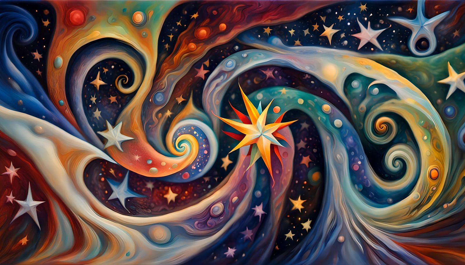 Cosmic Star Dance in Impasto Oil Painting Style