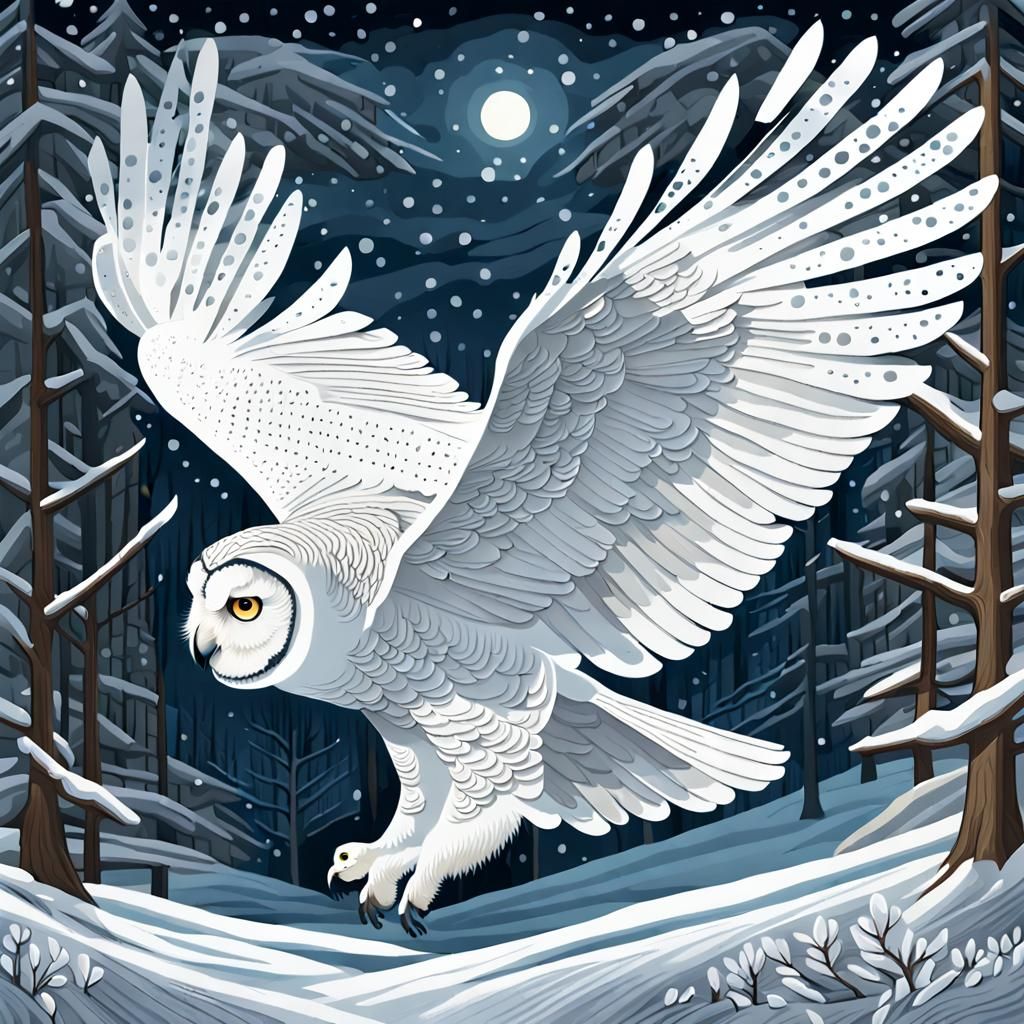 Snowy Owl in Flight at Night, Environmental Scene