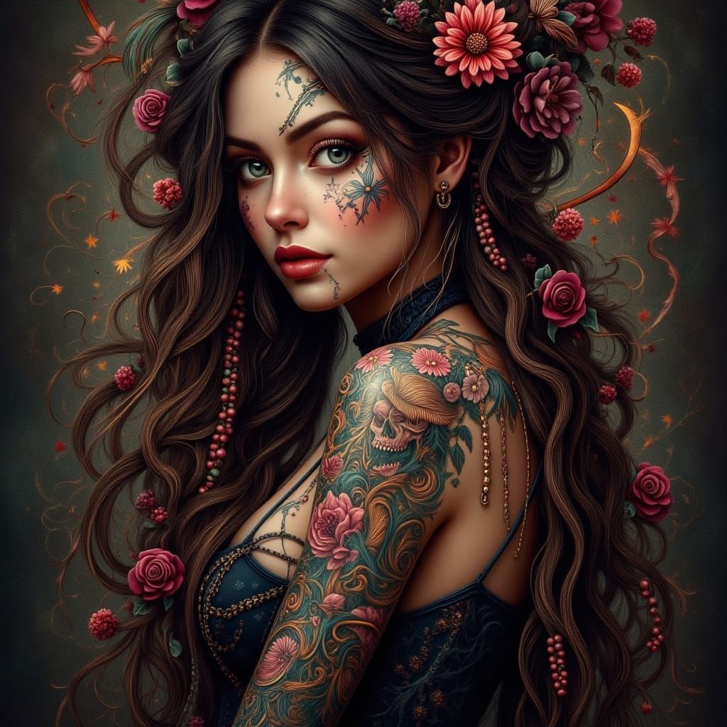 Elegant Woman with Baroque Tattoos and Floral Designs