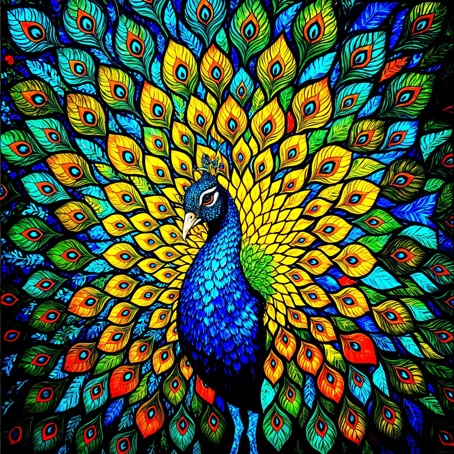 Surreal Stained Glass Peacock in Vibrant Colors