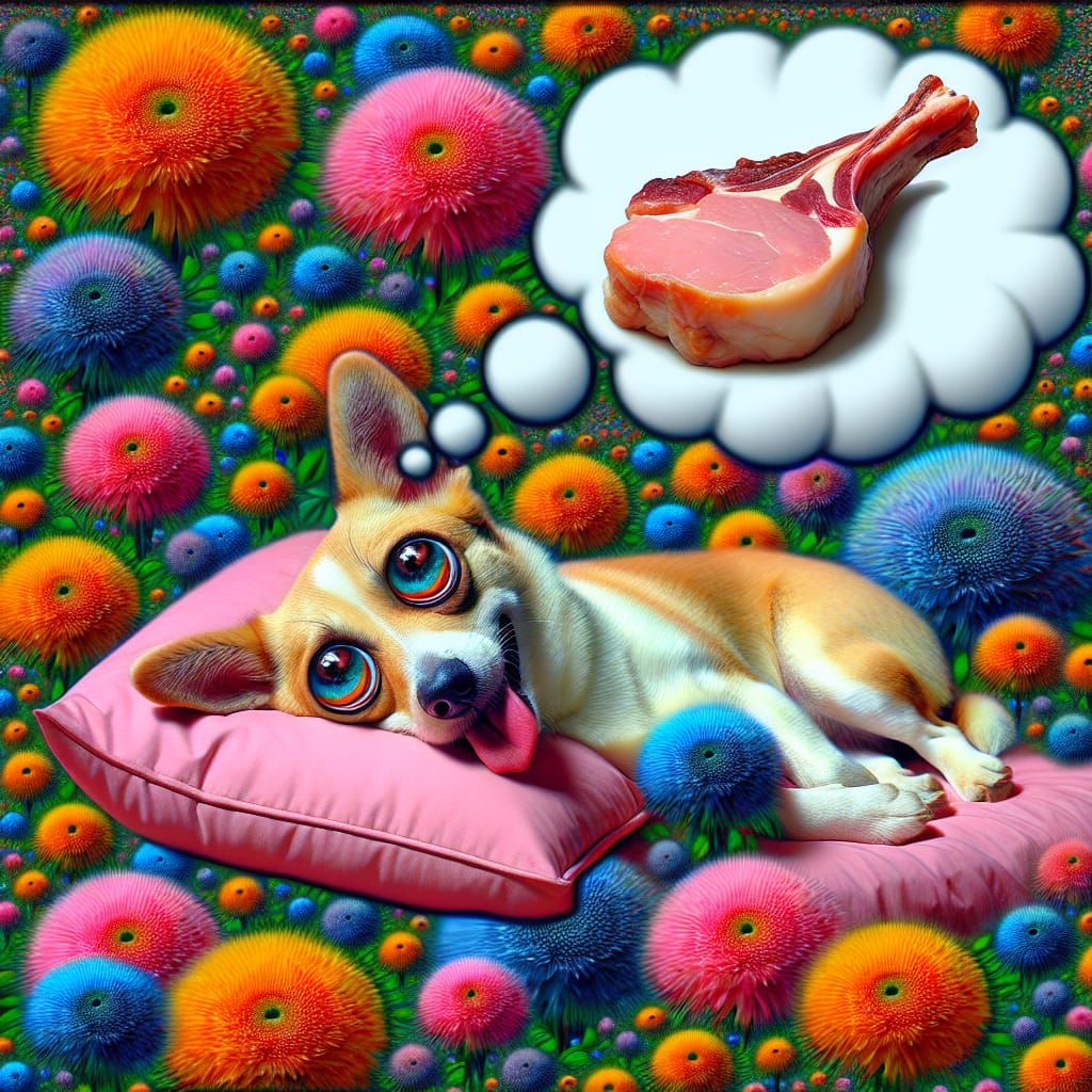 Whimsical Dog Dreams in Vibrant Pop Surrealism