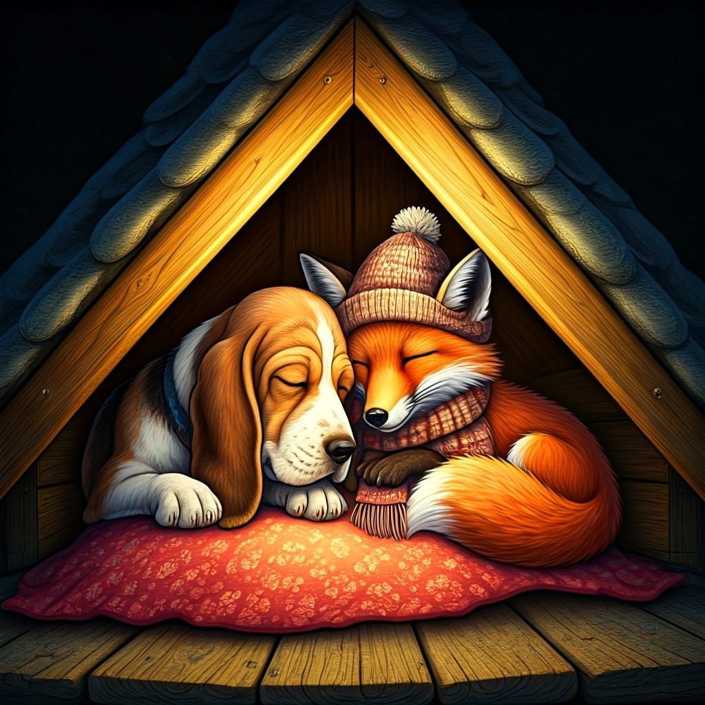 Fox and Hound in Cozy Dog House
