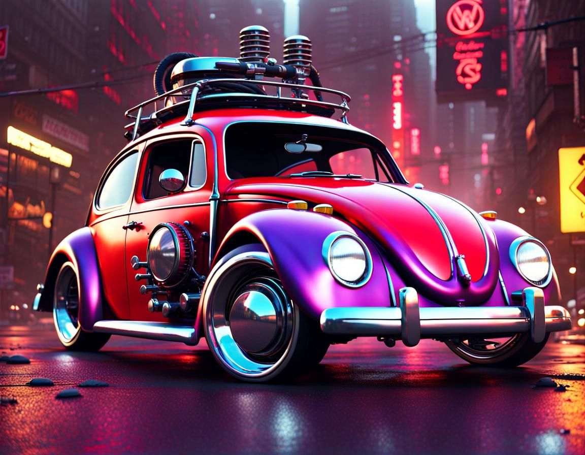 Cyberpunk VW Bug with Chrome Motor, 8K