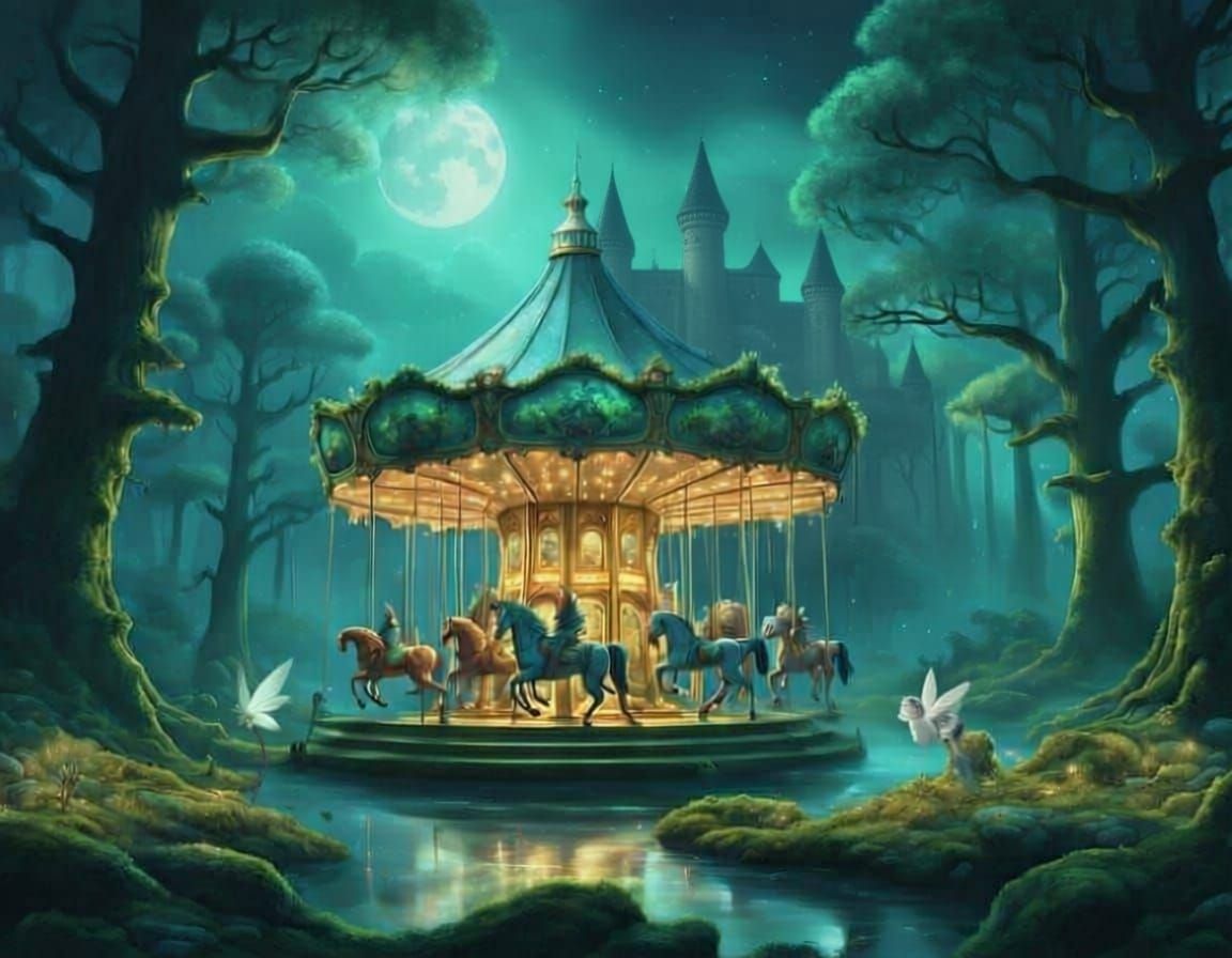 Glowing Mythical Carousel in Forest at Night