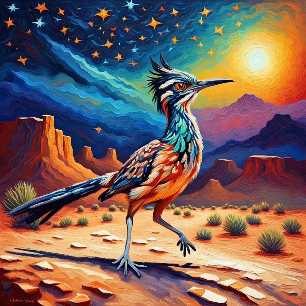 Roadrunner in Desert Night Sky, Impasto Oil Painting