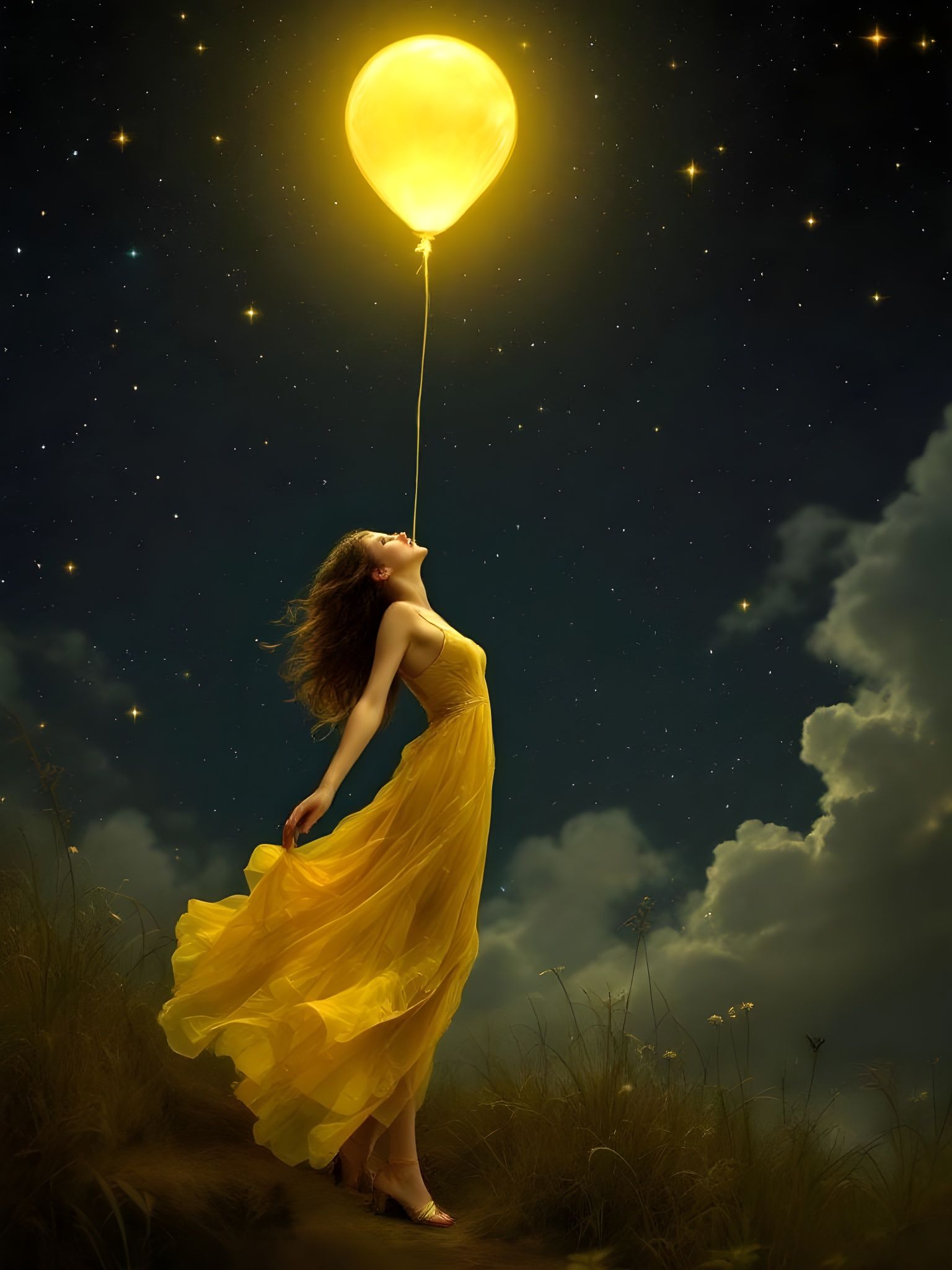 Woman Watching Ascending Balloon in Mucha Style