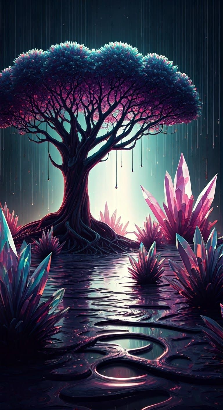 Surreal Crystal Jungle in Shimmering Void of Liquid Light