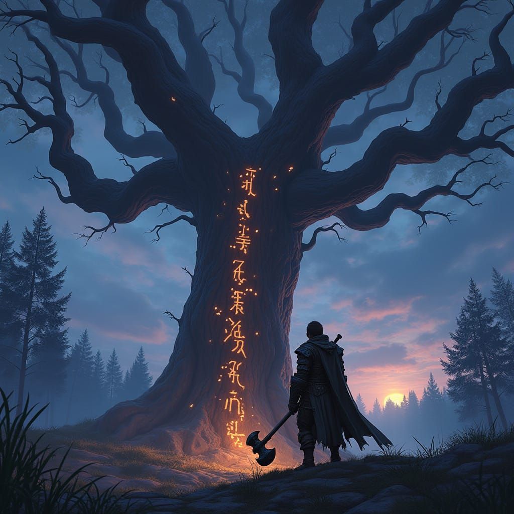 Heroic Warrior Stands at Forest's Edge, Ancient Tree Twisted...