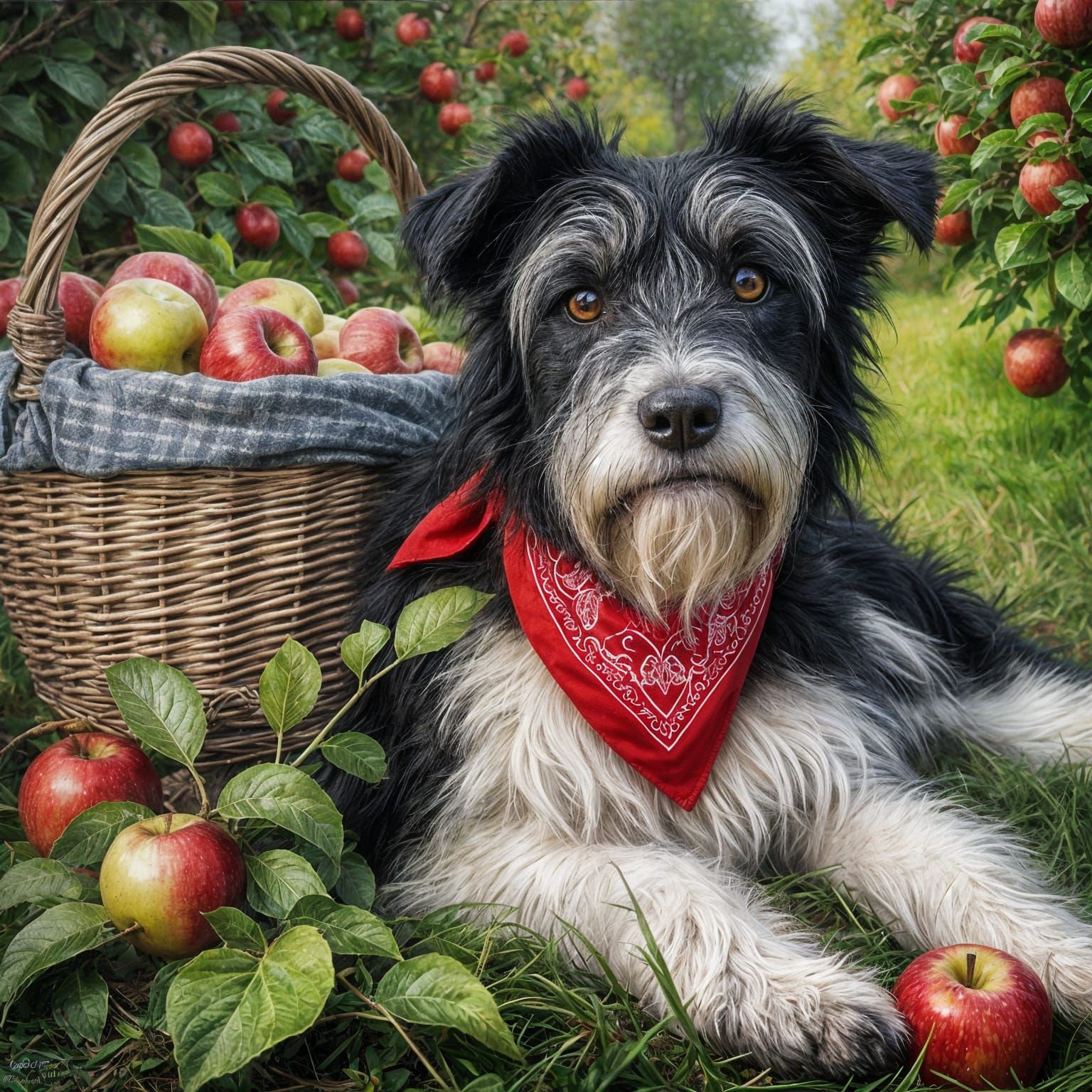 Dog in Apple Orchard: Hyperrealistic Airbrushed Oil Painting